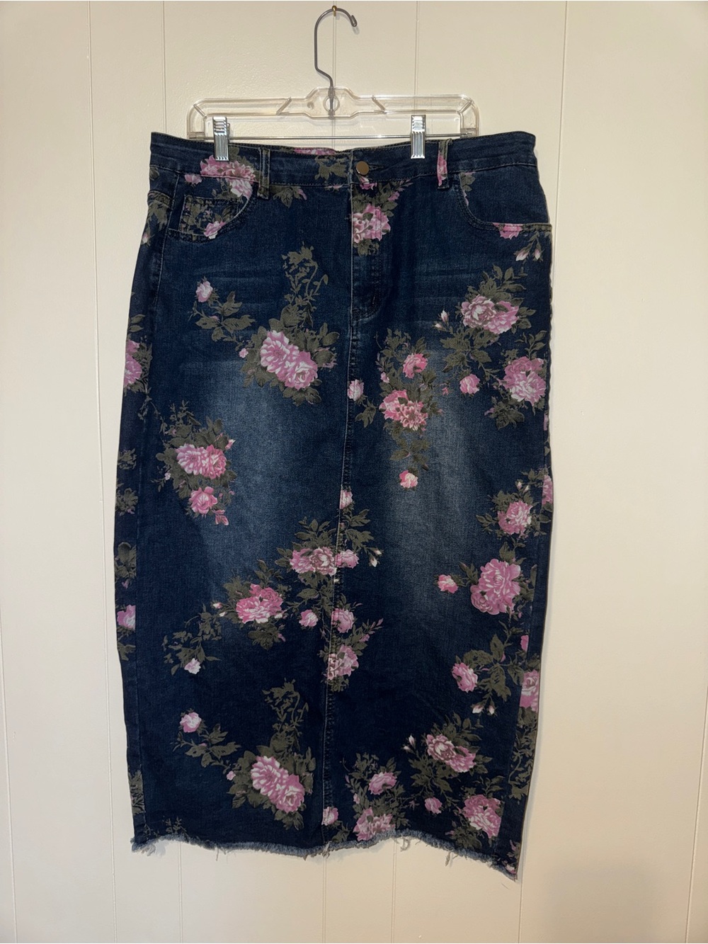 Floral Print Dark Denim Pencil Skirt - Pink Floral